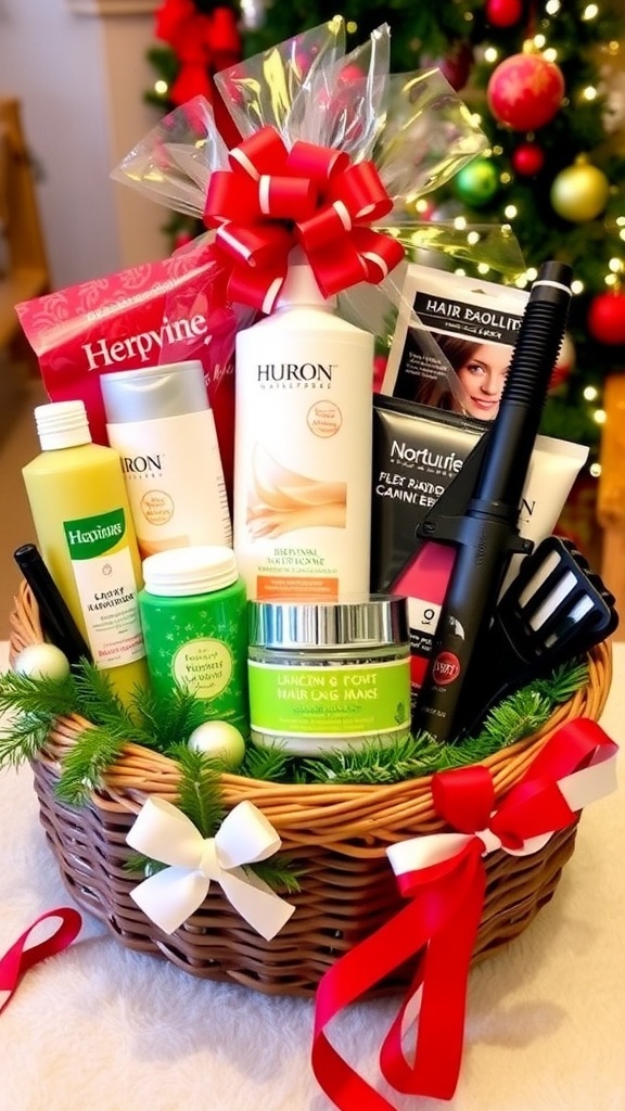 A Christmas gift basket with hair care products and accessories, decorated for the holiday season.